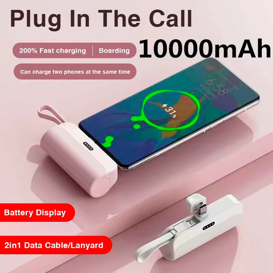 10000mAh Mini Portable Power Bank 2 in 1External Battery Plug Play Power Bank Type C Fast Effective Charger For IPhone Huawei