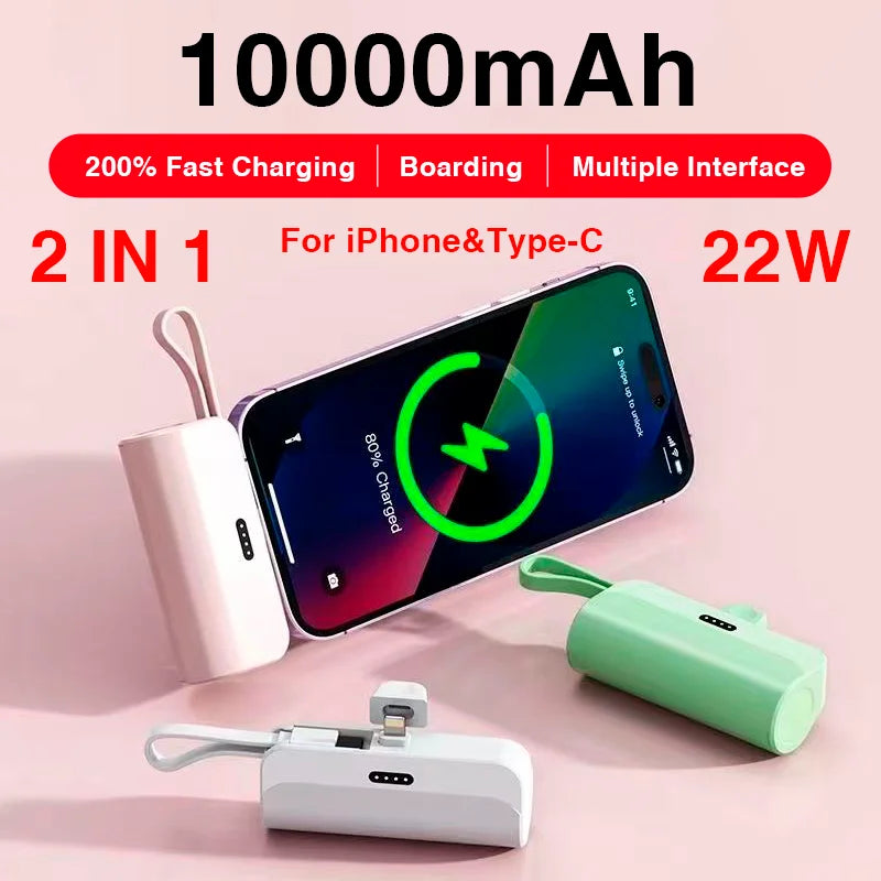 10000mAh Mini Portable Power Bank 2 in 1External Battery Plug Play Power Bank Type C Fast Effective Charger For IPhone Huawei